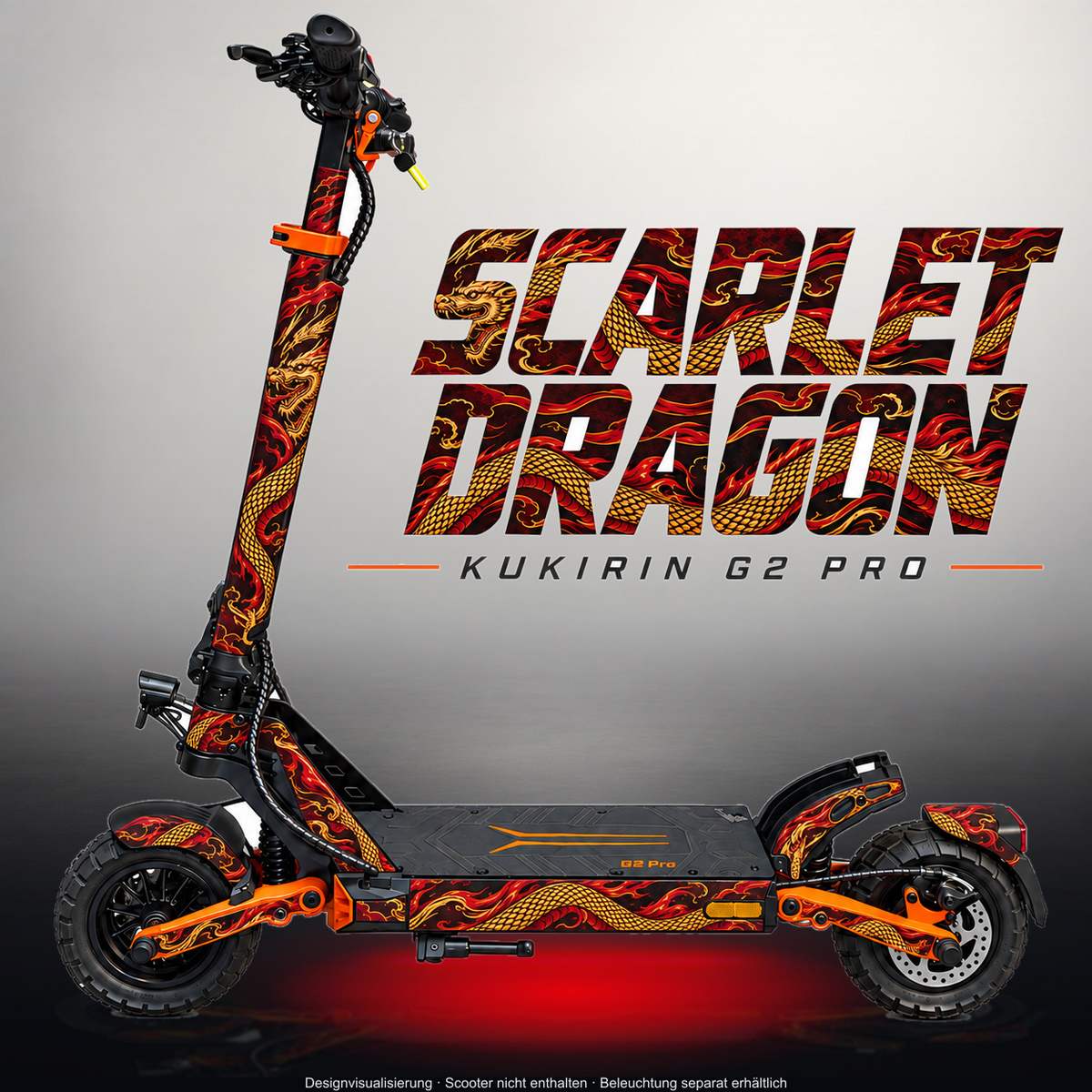 KUKIRIN G2 PRO SKIN | SCARLET DRAGON – Designvisualisierung im Studio-Look mit Licht in der Skinfarbe; Scooter nicht enthalten, Beleuchtung separat erhältlich