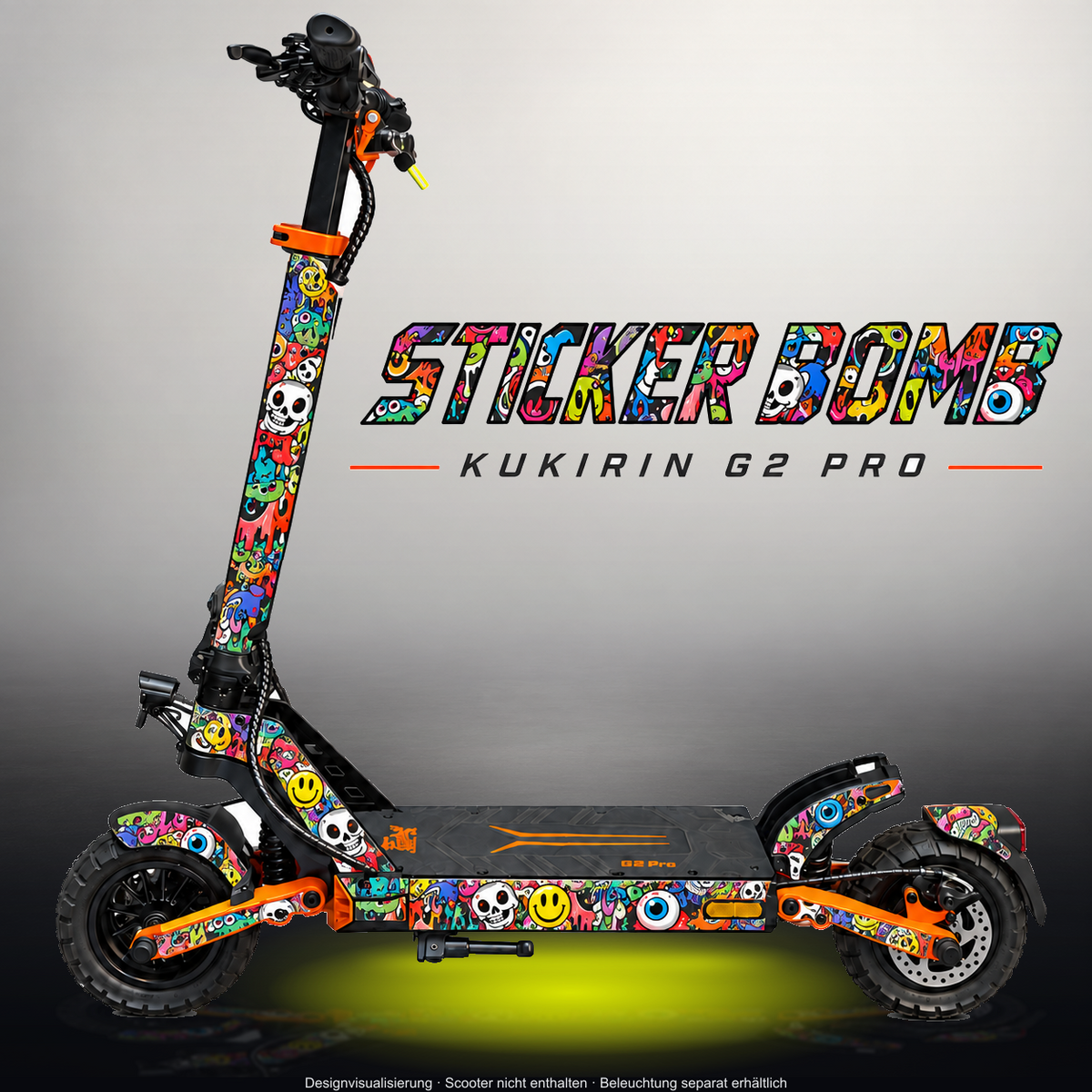 KUKIRIN G2 PRO SKIN | STICKER BOMB – Designvisualisierung im Studio-Look mit Licht in der Skinfarbe; Scooter nicht enthalten, Beleuchtung separat erhältlich