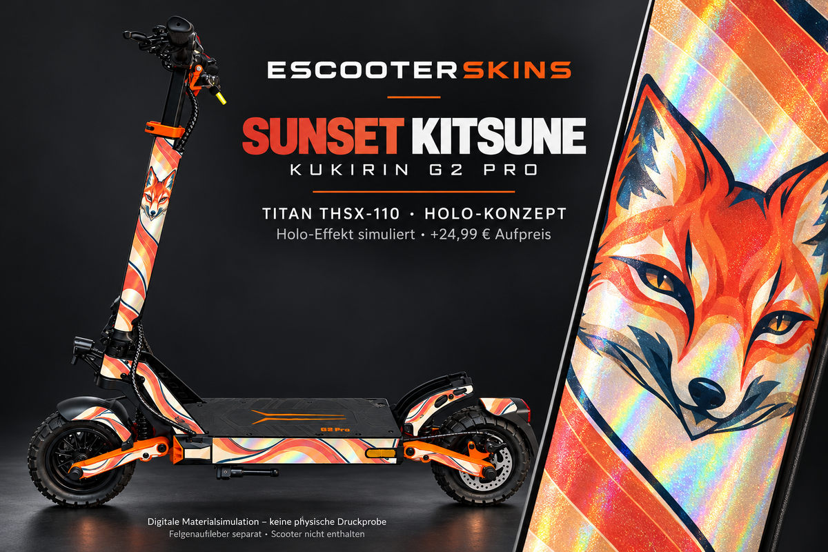 KUKIRIN G2 PRO SKIN | SUNSET KITSUNE – Holo-Effekt simuliert; +24,99 EUR Aufpreis. Digitale Materialsimulation, keine physische Druckprobe. Nur Body-Skin; Trittbrett und Felgenaufkleber separat; Scooter nicht enthalten.