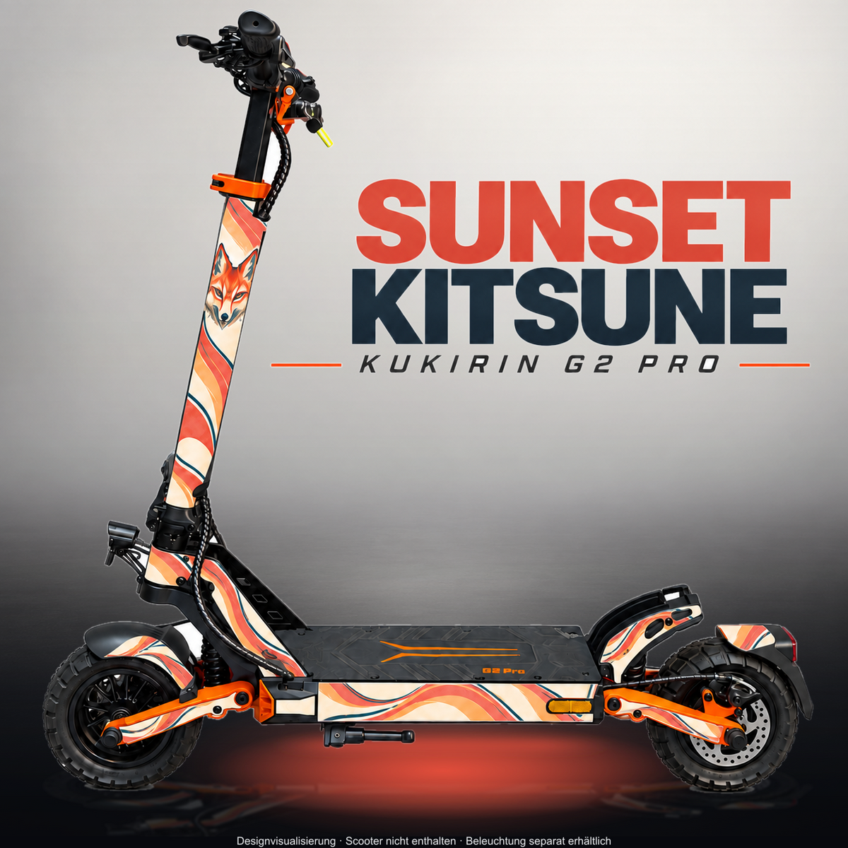 KUKIRIN G2 PRO SKIN | SUNSET KITSUNE – Designvisualisierung im Studio-Look mit Licht in der Skinfarbe; Scooter nicht enthalten, Beleuchtung separat erhältlich
