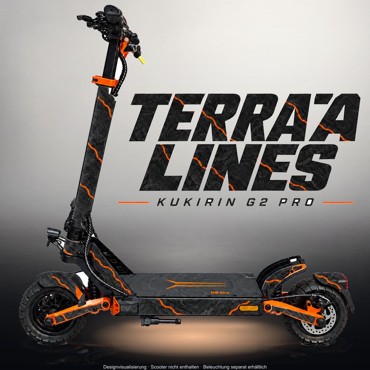 KUKIRIN G2 PRO SKIN | TERRA LINES – Designvisualisierung im Studio-Look mit Licht in der Skinfarbe; Scooter nicht enthalten, Beleuchtung separat erhältlich