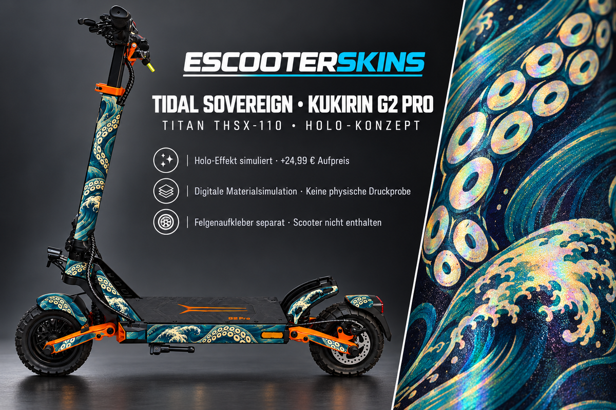 KUKIRIN G2 PRO SKIN | TIDAL SOVEREIGN – Holo-Effekt simuliert; +24,99 EUR Aufpreis. Digitale Materialsimulation, keine physische Druckprobe. Nur Body-Skin; Trittbrett und Felgenaufkleber separat; Scooter nicht enthalten.