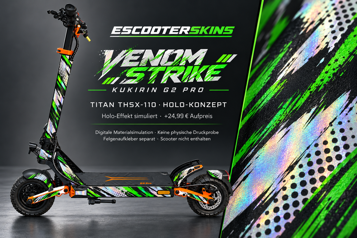 KUKIRIN G2 PRO SKIN | VENOM STRIKE – Holo-Effekt simuliert; +24,99 EUR Aufpreis. Digitale Materialsimulation, keine physische Druckprobe. Nur Body-Skin; Trittbrett und Felgenaufkleber separat; Scooter nicht enthalten.