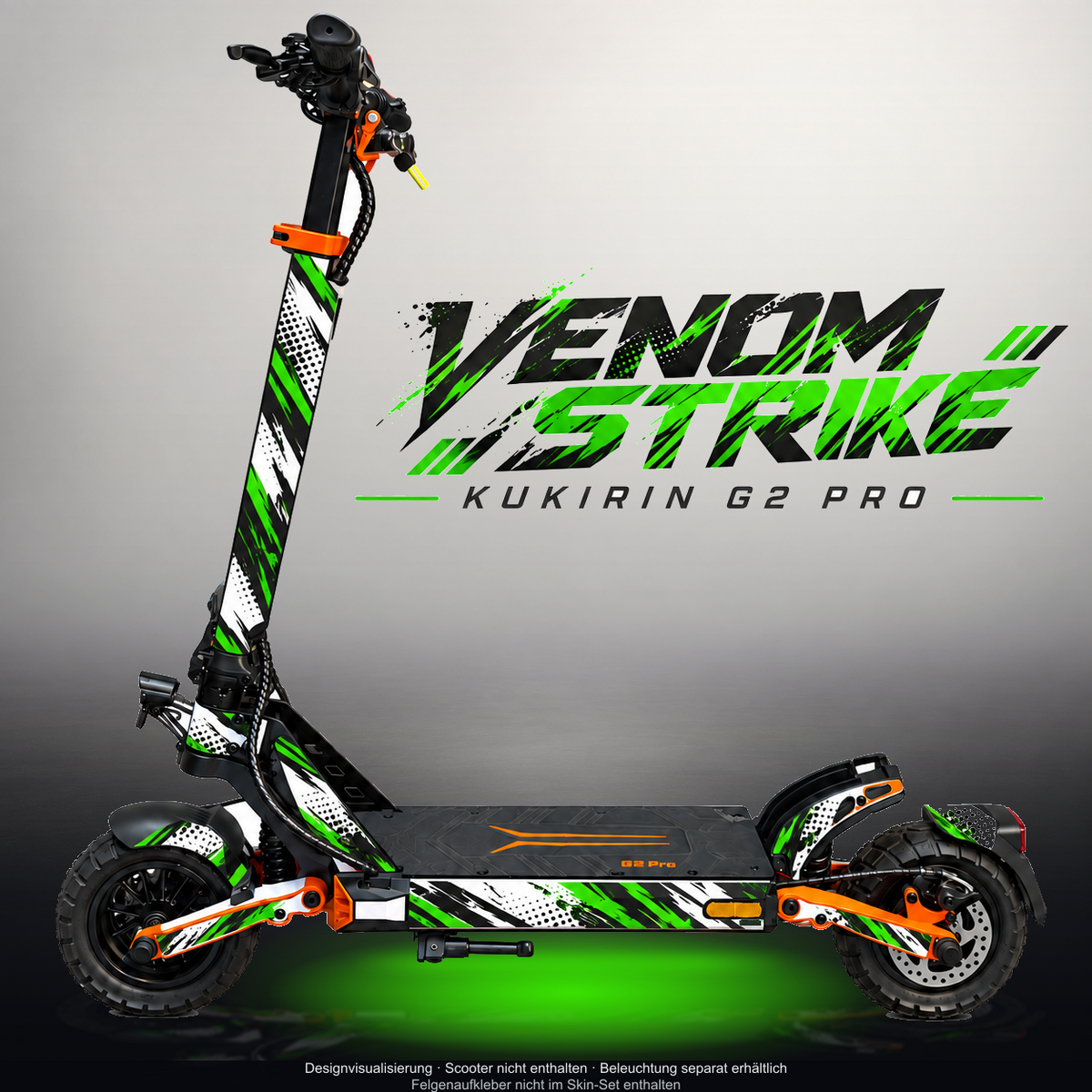 KUKIRIN G2 PRO SKIN | VENOM STRIKE – Designvisualisierung mit Licht in der Skinfarbe; Scooter nicht enthalten, Beleuchtung separat erhältlich