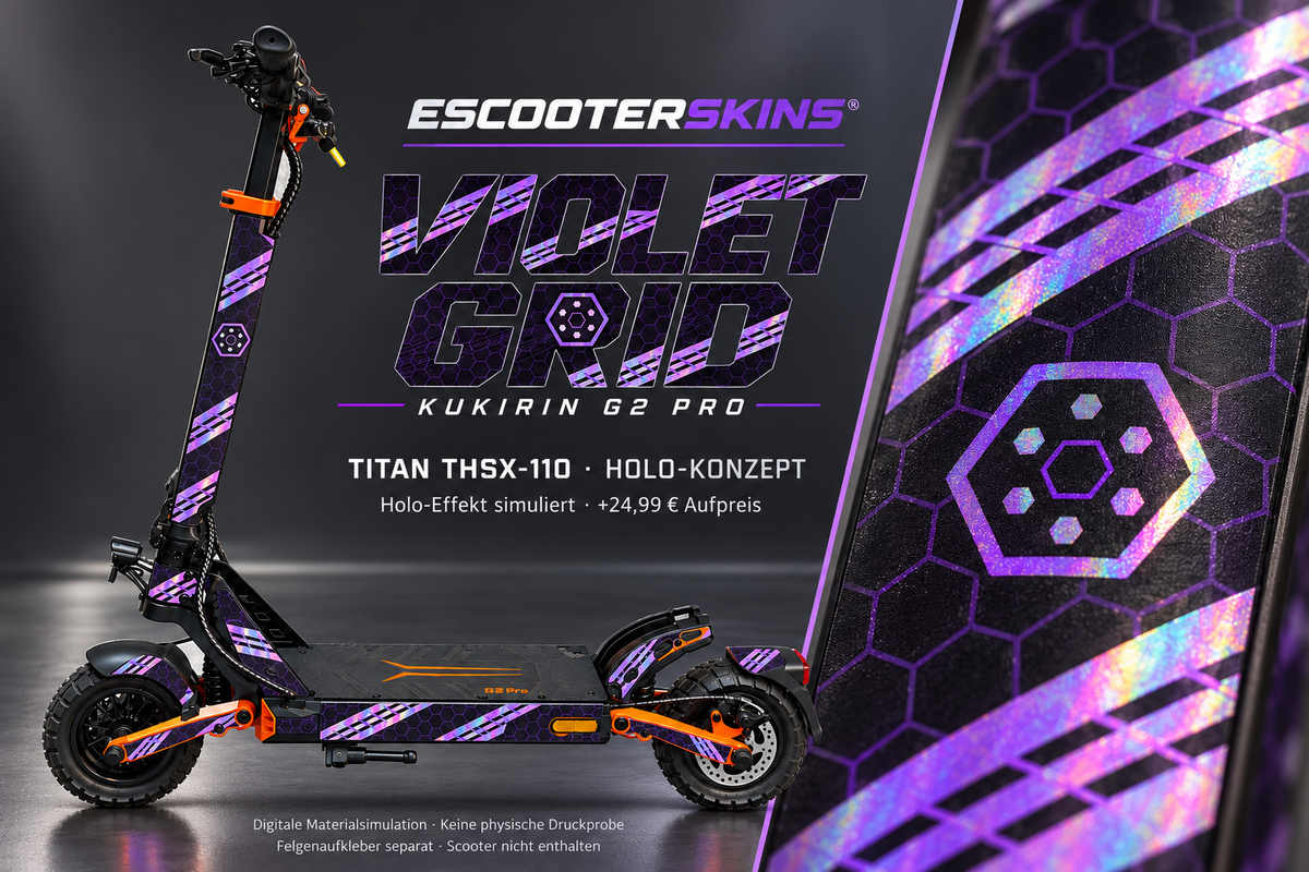 KUKIRIN G2 PRO SKIN | VIOLET GRID – Holo-Effekt simuliert; +24,99 EUR Aufpreis. Digitale Materialsimulation, keine physische Druckprobe. Nur Body-Skin; Trittbrett und Felgenaufkleber separat; Scooter nicht enthalten.