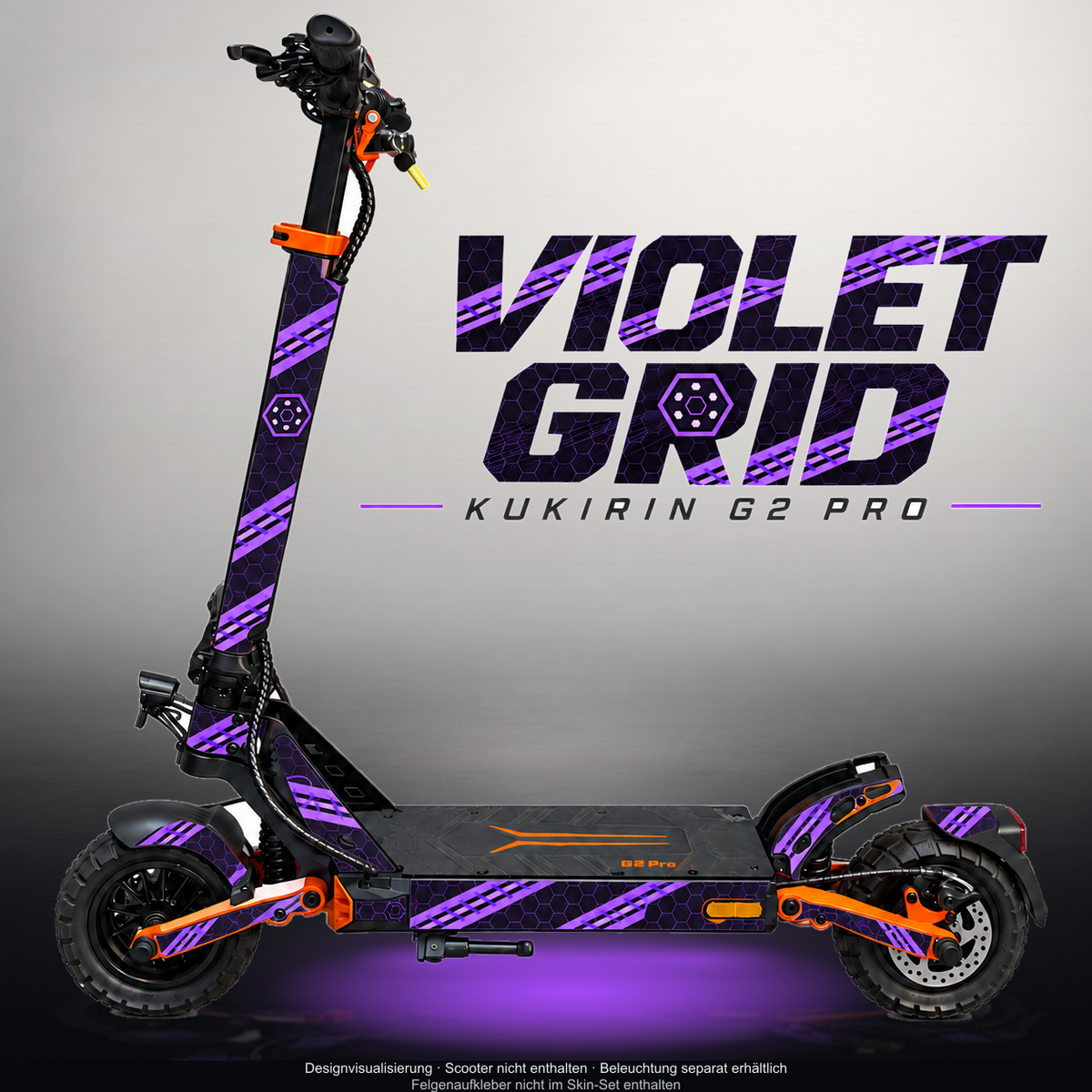 KUKIRIN G2 PRO SKIN | VIOLET GRID – Designvisualisierung mit Licht in der Skinfarbe; Scooter nicht enthalten, Beleuchtung separat erhältlich