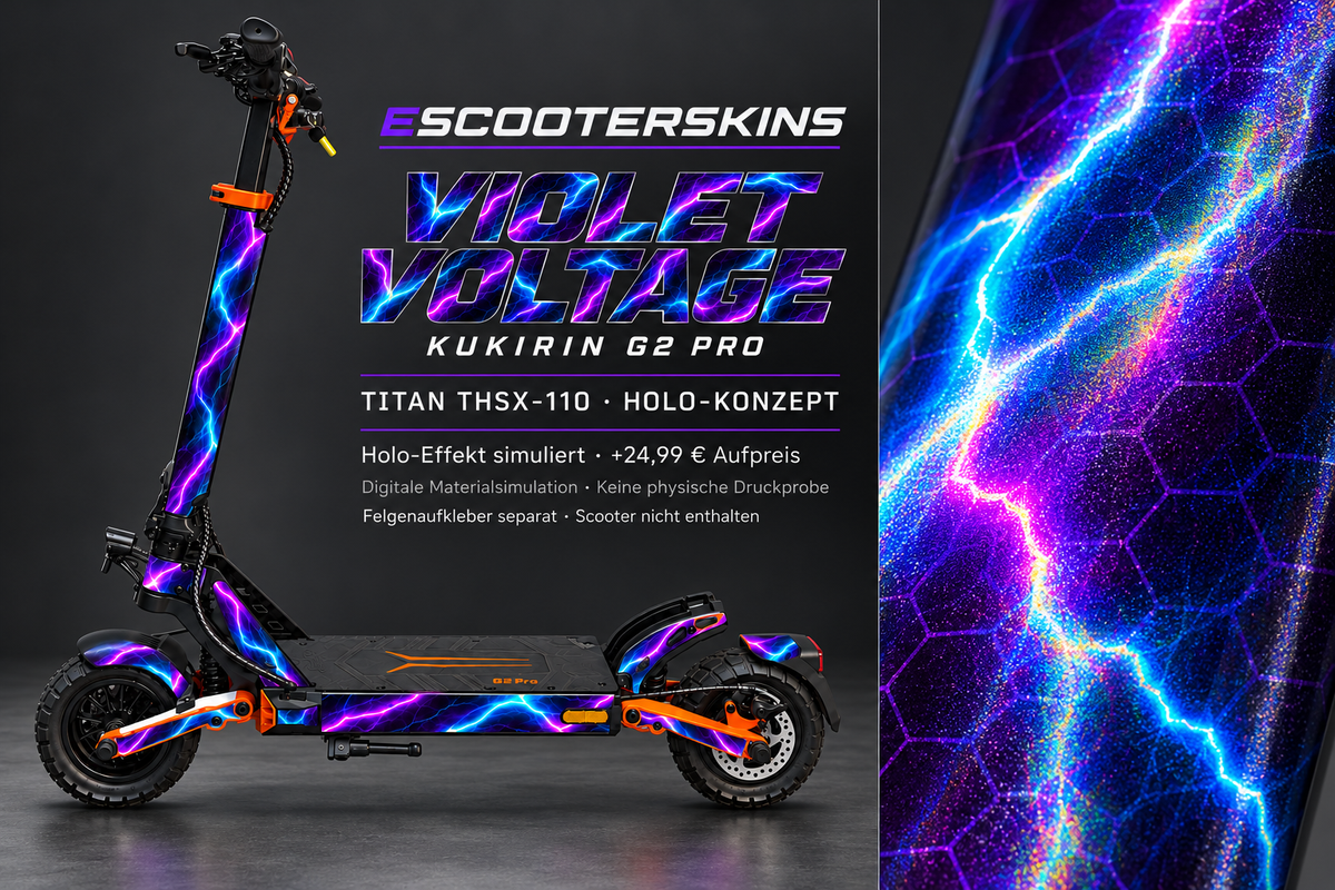 KUKIRIN G2 PRO SKIN | VIOLET VOLTAGE – Holo-Effekt simuliert; +24,99 EUR Aufpreis. Digitale Materialsimulation, keine physische Druckprobe. Nur Body-Skin; Trittbrett und Felgenaufkleber separat; Scooter nicht enthalten.