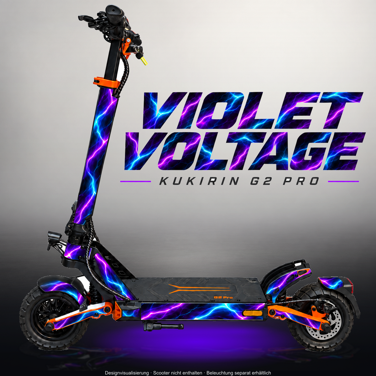 KUKIRIN G2 PRO SKIN | VIOLET VOLTAGE – Designvisualisierung im Studio-Look mit Licht in der Skinfarbe; Scooter nicht enthalten, Beleuchtung separat erhältlich
