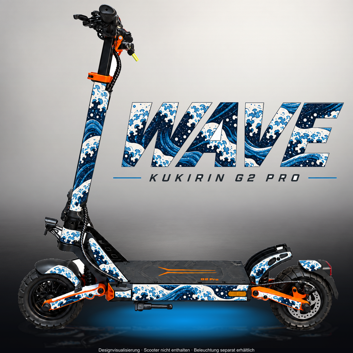 KUKIRIN G2 PRO SKIN | WAVE – Designvisualisierung im Studio-Look mit Licht in der Skinfarbe; Scooter nicht enthalten, Beleuchtung separat erhältlich