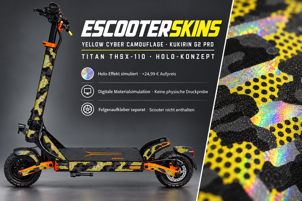 KUKIRIN G2 PRO SKIN | YELLOW CYBER CAMOUFLAGE – Holo-Effekt simuliert; +24,99 EUR Aufpreis. Digitale Materialsimulation, keine physische Druckprobe. Nur Body-Skin; Trittbrett und Felgenaufkleber separat; Scooter nicht enthalten.