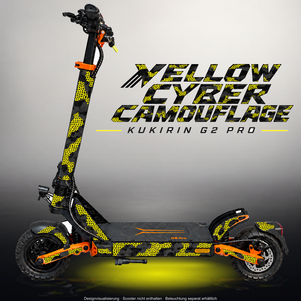 KUKIRIN G2 PRO SKIN | YELLOW CYBER CAMOUFLAGE – Designvisualisierung im Studio-Look mit Licht in der Skinfarbe; Scooter nicht enthalten, Beleuchtung separat erhältlich