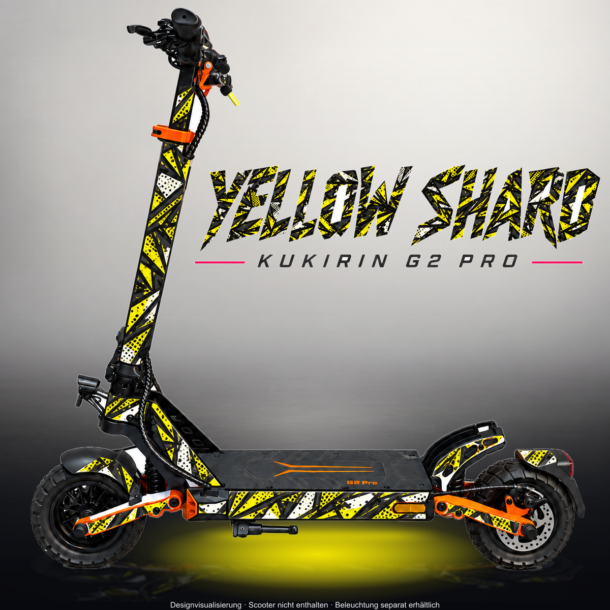 KUKIRIN G2 PRO SKIN | YELLOW SHARD – Designvisualisierung im Studio-Look mit Licht in der Skinfarbe; Scooter nicht enthalten, Beleuchtung separat erhältlich