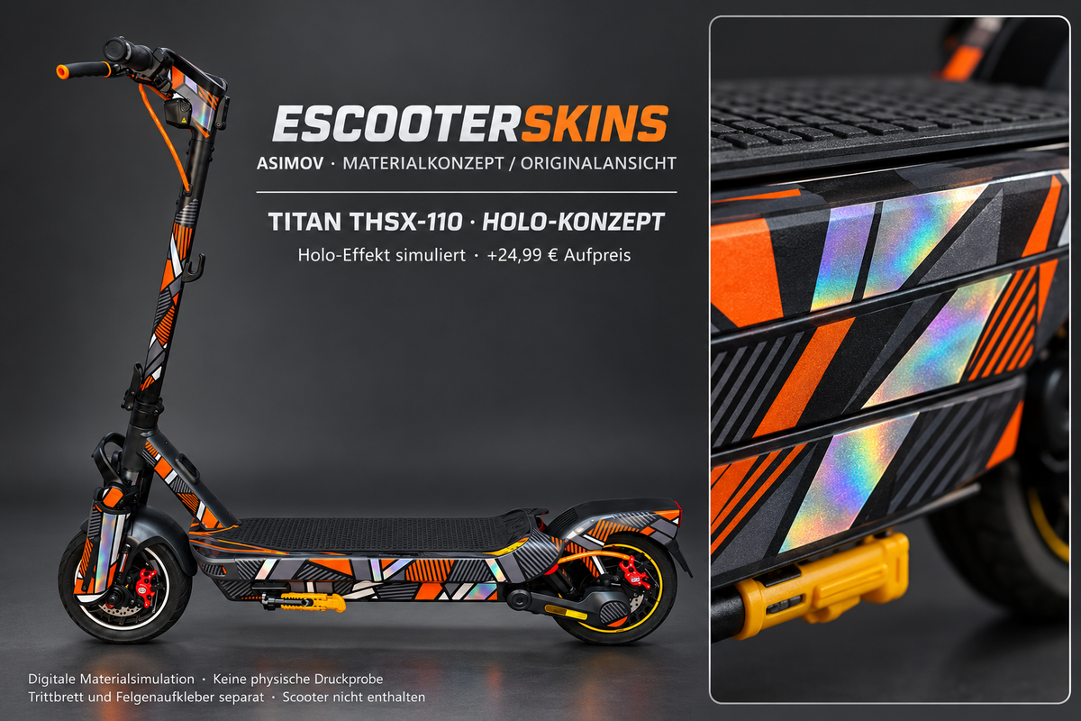 SEGWAY NINEBOT MAX G3 PRO SKIN | ASIMOV – Holo-Effekt simuliert; +24,99 EUR Aufpreis. Digitale Materialsimulation, keine physische Druckprobe. Nur Body-Skin; Trittbrett und Felgenaufkleber separat; Scooter nicht enthalten.
