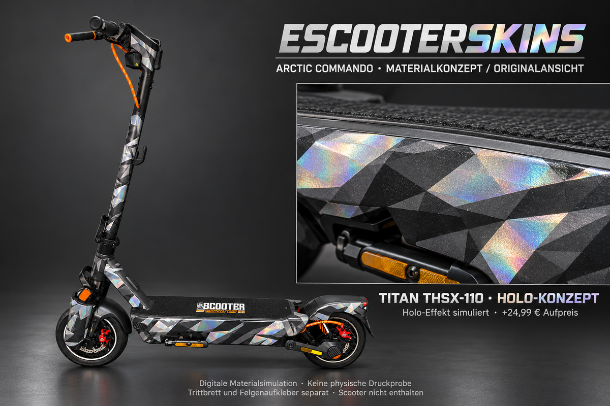SEGWAY NINEBOT MAX G3 PRO SKIN | ARCTIC COMMANDO – Holo-Effekt simuliert; +24,99 EUR Aufpreis. Digitale Materialsimulation, keine physische Druckprobe. Nur Body-Skin; Trittbrett und Felgenaufkleber separat; Scooter nicht enthalten.