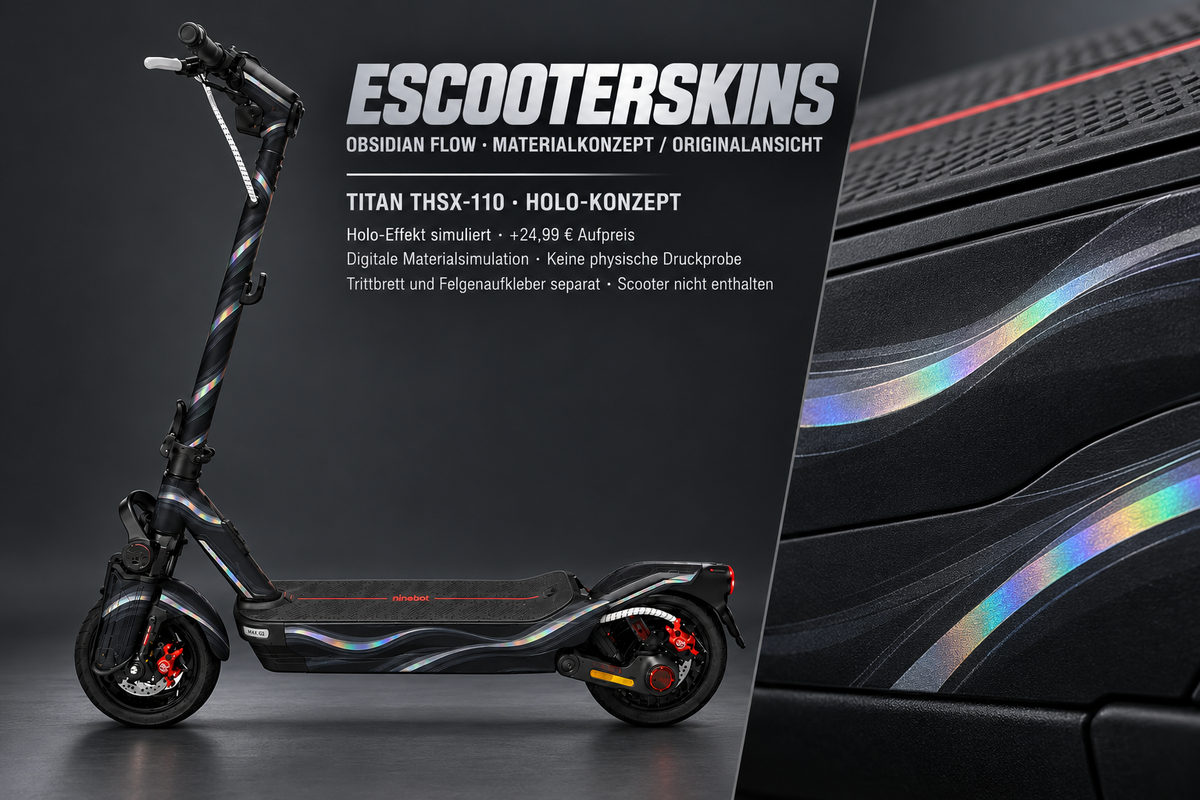SEGWAY NINEBOT MAX G3 PRO SKIN | OBSIDIAN FLOW – Holo-Effekt simuliert; +24,99 EUR Aufpreis. Digitale Materialsimulation, keine physische Druckprobe. Nur Body-Skin; Trittbrett und Felgenaufkleber separat; Scooter nicht enthalten.