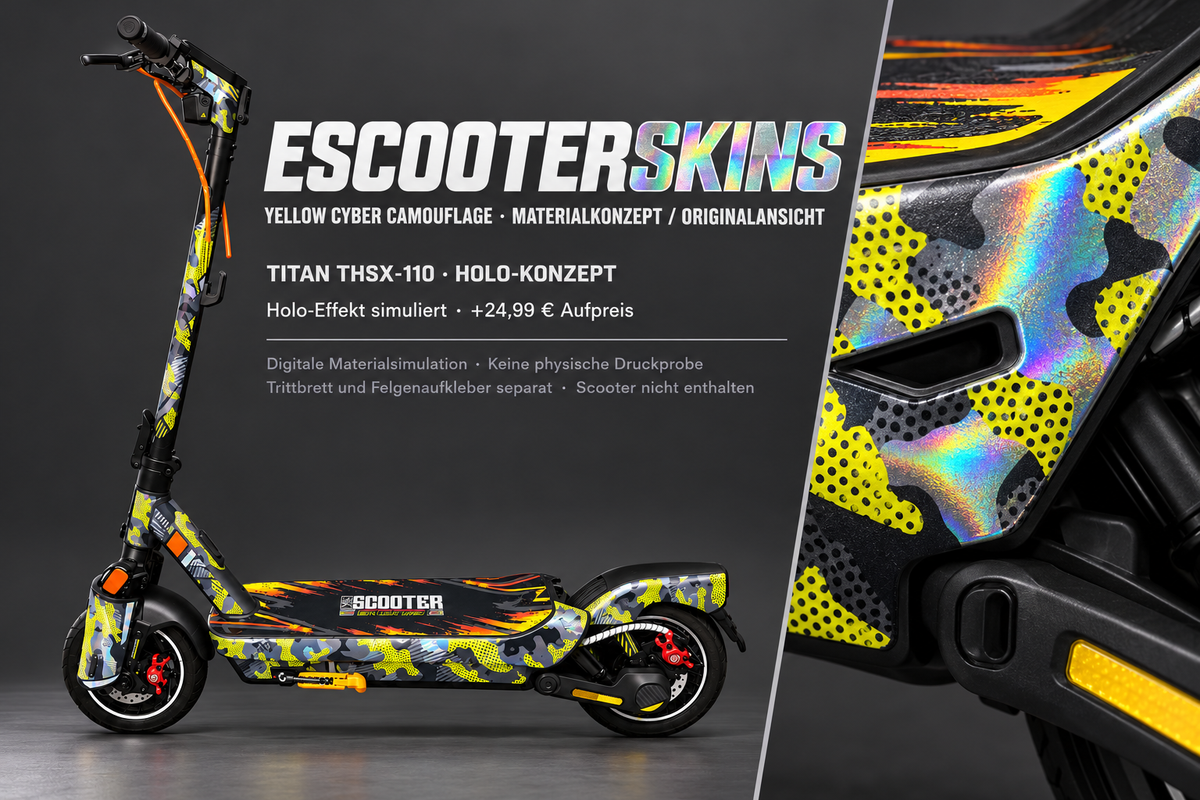 SEGWAY NINEBOT MAX G3 PRO SKIN | YELLOW CYBER CAMOUFLAGE – Holo-Effekt simuliert; +24,99 EUR Aufpreis. Digitale Materialsimulation, keine physische Druckprobe. Nur Body-Skin; Trittbrett und Felgenaufkleber separat; Scooter nicht enthalten.
