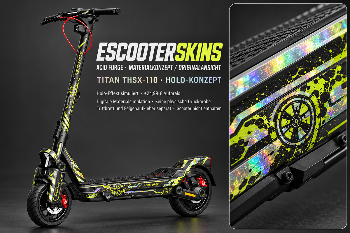 SEGWAY NINEBOT MAX G3 PRO SKIN | ACID FORGE – Holo-Effekt simuliert; +24,99 EUR Aufpreis. Digitale Materialsimulation, keine physische Druckprobe. Nur Body-Skin; Trittbrett und Felgenaufkleber separat; Scooter nicht enthalten.