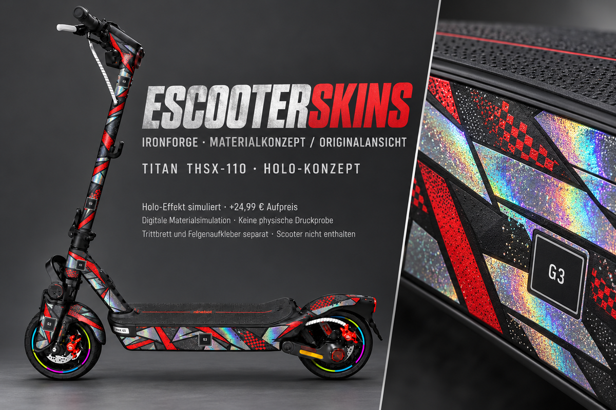SEGWAY NINEBOT MAX G3 PRO SKIN | IRONFORGE – Holo-Effekt simuliert; +24,99 EUR Aufpreis. Digitale Materialsimulation, keine physische Druckprobe. Nur Body-Skin; Trittbrett und Felgenaufkleber separat; Scooter nicht enthalten.