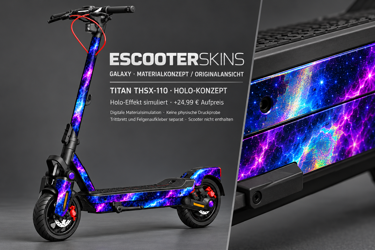 SEGWAY NINEBOT MAX G3 PRO SKIN | GALAXY – Holo-Effekt simuliert; +24,99 EUR Aufpreis. Digitale Materialsimulation, keine physische Druckprobe. Nur Body-Skin; Trittbrett und Felgenaufkleber separat; Scooter nicht enthalten.