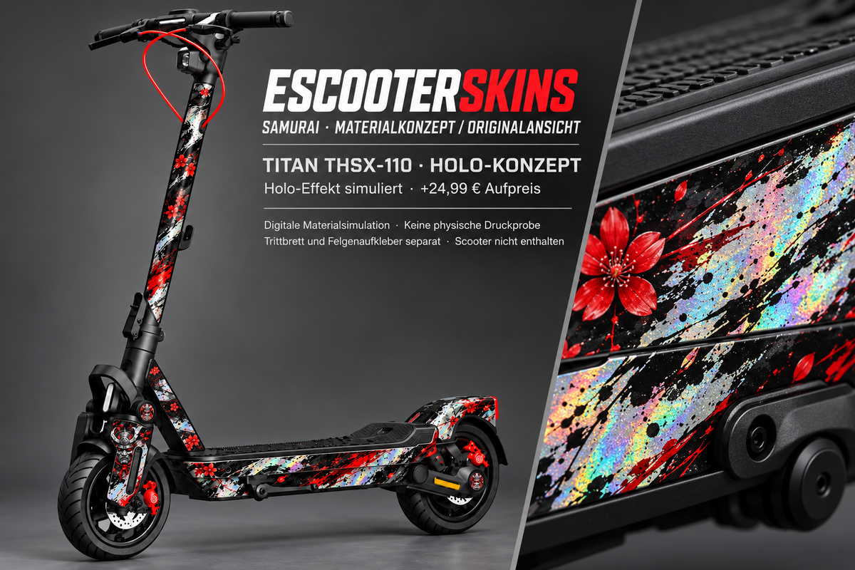 SEGWAY NINEBOT MAX G3 PRO SKIN | SAMURAI – Holo-Effekt simuliert; +24,99 EUR Aufpreis. Digitale Materialsimulation, keine physische Druckprobe. Nur Body-Skin; Trittbrett und Felgenaufkleber separat; Scooter nicht enthalten.