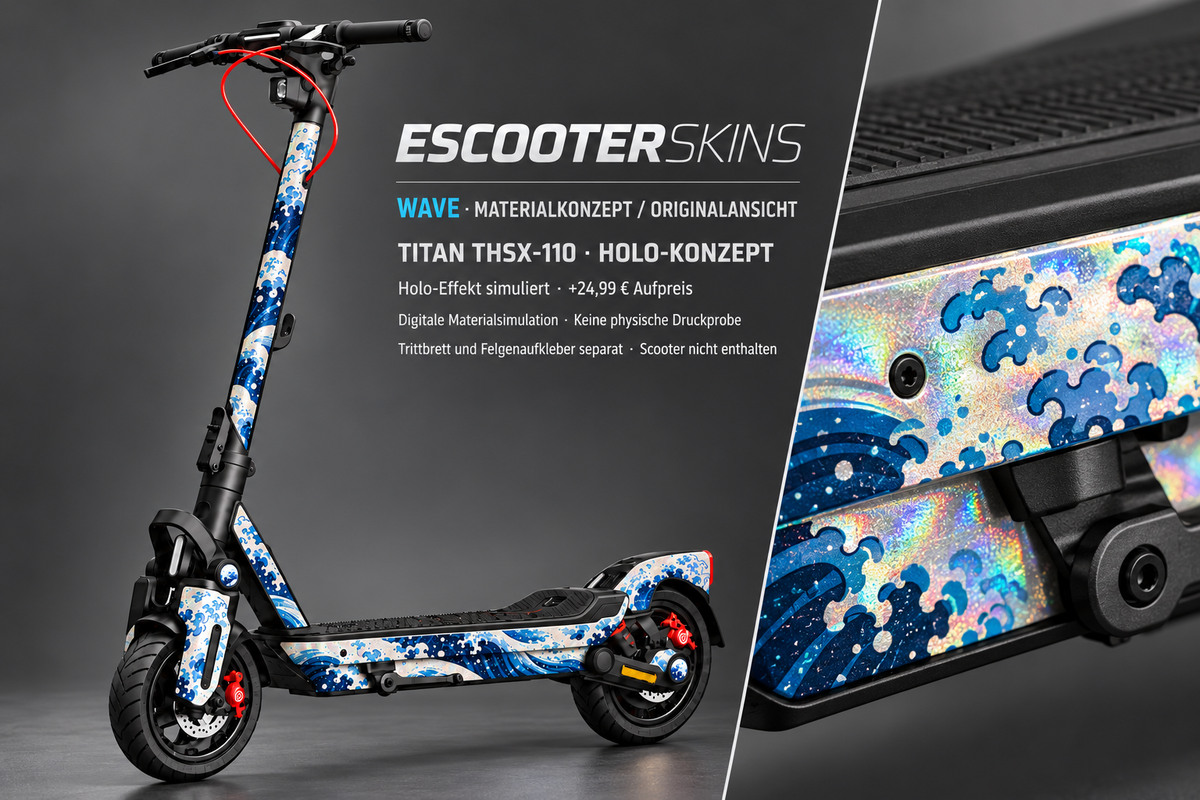 SEGWAY NINEBOT MAX G3 PRO SKIN | WAVE – Holo-Effekt simuliert; +24,99 EUR Aufpreis. Digitale Materialsimulation, keine physische Druckprobe. Nur Body-Skin; Trittbrett und Felgenaufkleber separat; Scooter nicht enthalten.