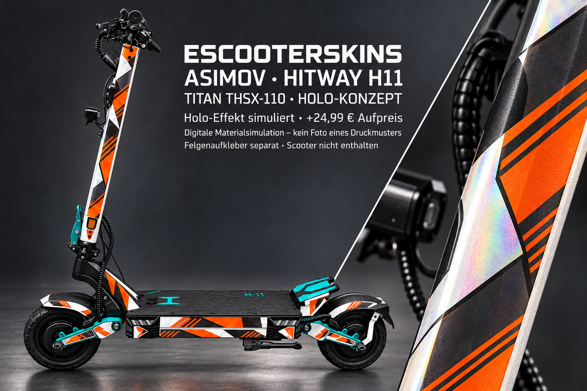 HITWAY H11 SKIN | ASIMOV – Holo-Effekt simuliert; +24,99 EUR Aufpreis. Digitale Materialsimulation, keine physische Druckprobe. Nur Body-Skin; Scooter und Felgenaufkleber nicht enthalten.
