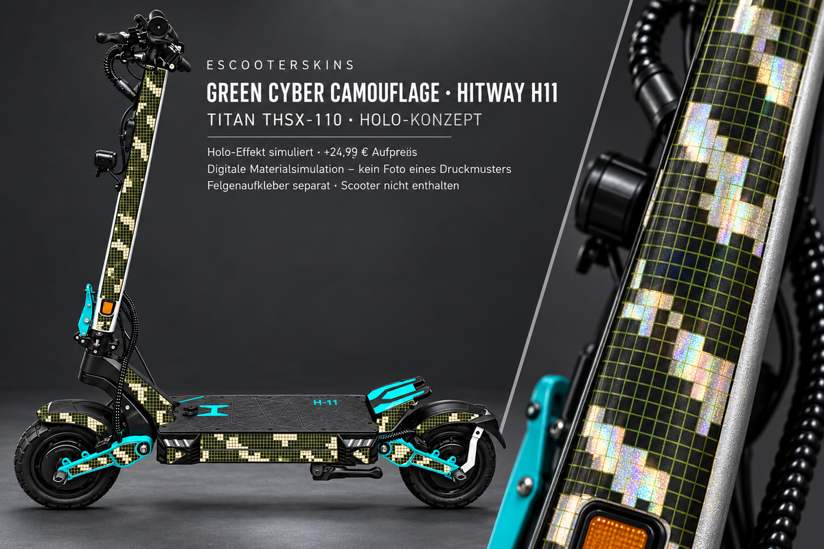 HITWAY H11 SKIN | GREEN CYBER CAMOUFLAGE – Holo-Effekt simuliert; +24,99 EUR Aufpreis. Digitale Materialsimulation, keine physische Druckprobe. Nur Body-Skin; Scooter und Felgenaufkleber nicht enthalten.