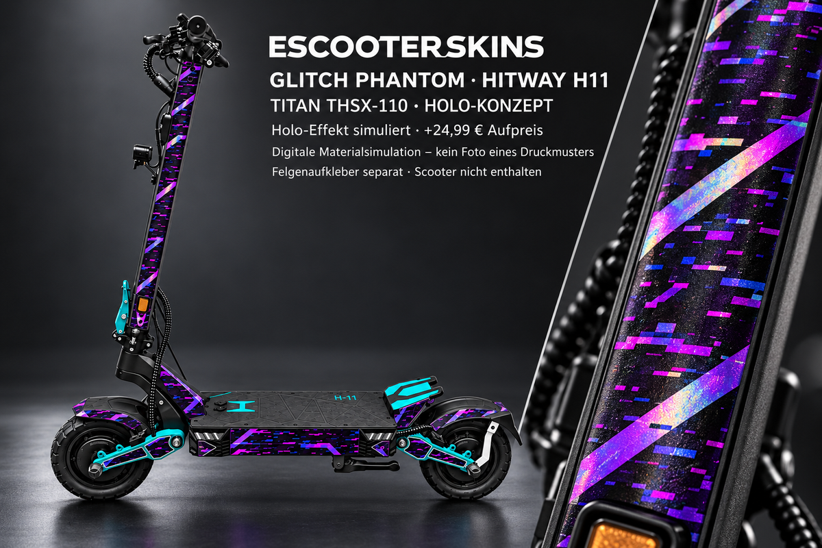 HITWAY H11 SKIN | GLITCH PHANTOM – Holo-Effekt simuliert; +24,99 EUR Aufpreis. Digitale Materialsimulation, keine physische Druckprobe. Nur Body-Skin; Scooter und Felgenaufkleber nicht enthalten.