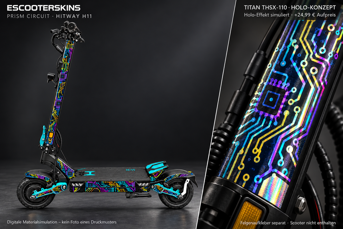 HITWAY H11 SKIN | PRISM CIRCUIT – Holo-Effekt simuliert; +24,99 EUR Aufpreis. Digitale Materialsimulation, keine physische Druckprobe. Nur Body-Skin; Scooter und Felgenaufkleber nicht enthalten.