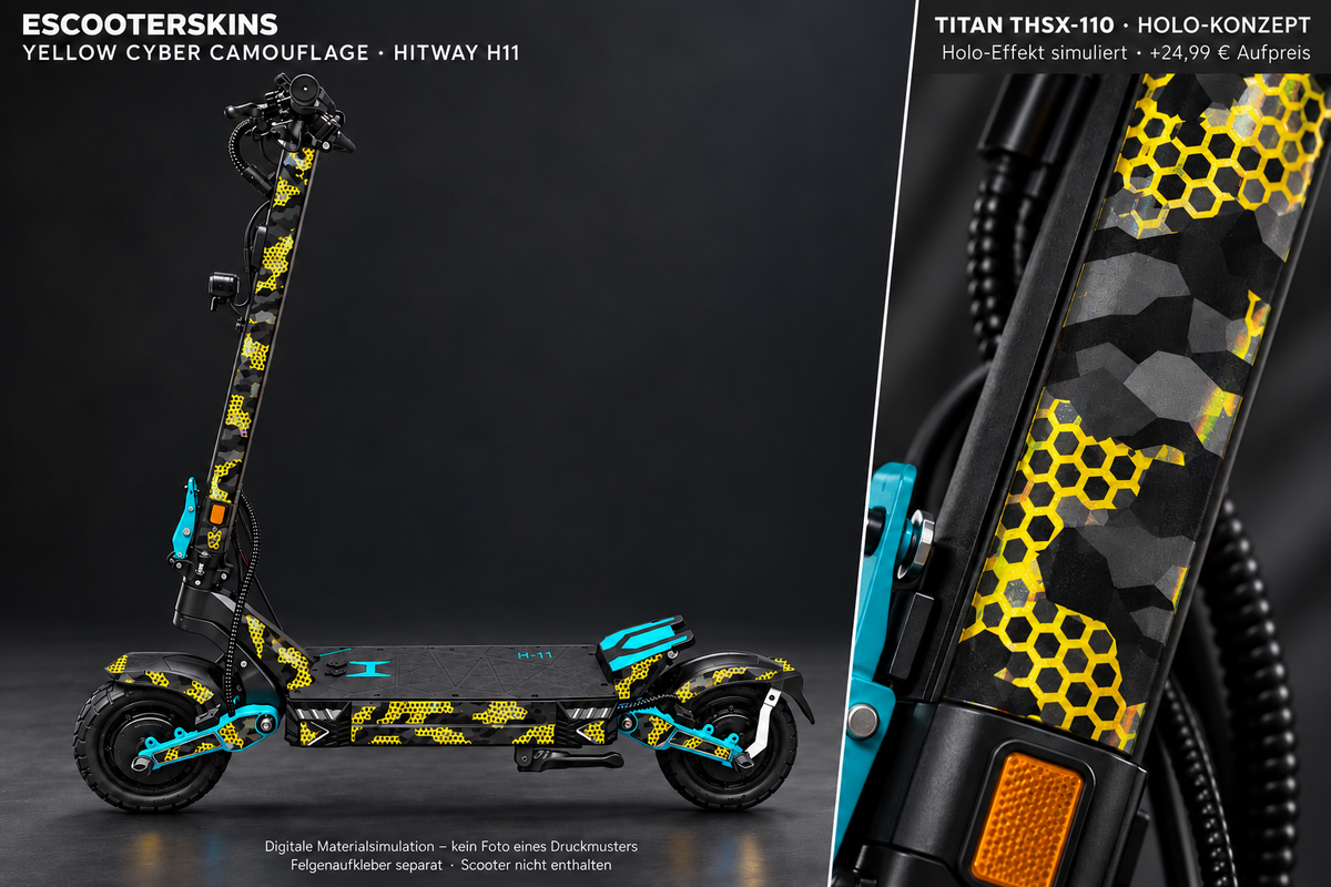 HITWAY H11 SKIN | YELLOW CYBER CAMOUFLAGE – Holo-Effekt simuliert; +24,99 EUR Aufpreis. Digitale Materialsimulation, keine physische Druckprobe. Nur Body-Skin; Scooter und Felgenaufkleber nicht enthalten.