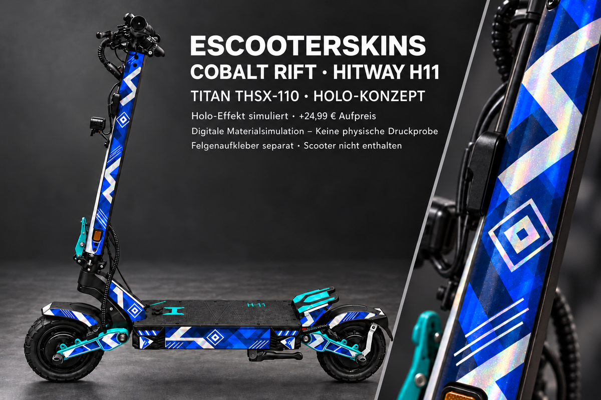 HITWAY H11 SKIN | COBALT RIFT – Holo-Effekt simuliert; +24,99 EUR Aufpreis. Digitale Materialsimulation, keine physische Druckprobe. Nur Body-Skin; Scooter und Felgenaufkleber nicht enthalten.