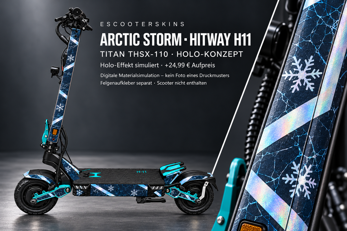 HITWAY H11 SKIN | ARCTIC STORM – Holo-Effekt simuliert; +24,99 EUR Aufpreis. Digitale Materialsimulation, keine physische Druckprobe. Nur Body-Skin; Scooter und Felgenaufkleber nicht enthalten.