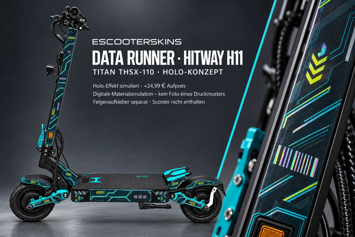 HITWAY H11 SKIN | DATA RUNNER – Holo-Effekt simuliert; +24,99 EUR Aufpreis. Digitale Materialsimulation, keine physische Druckprobe. Nur Body-Skin; Scooter und Felgenaufkleber nicht enthalten.