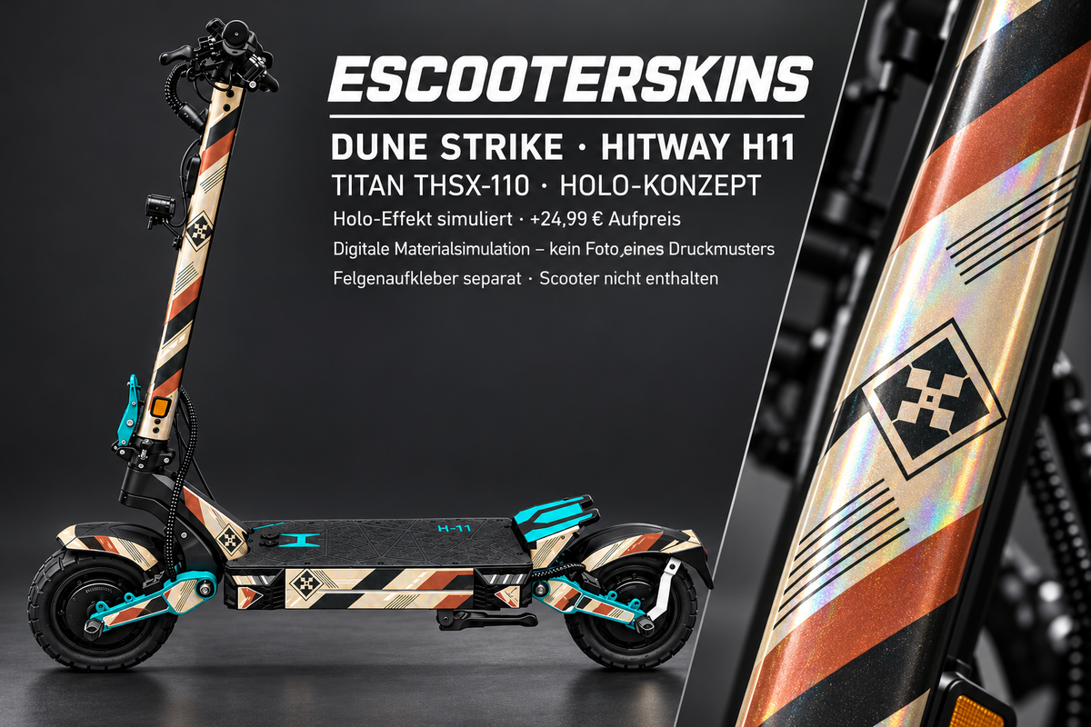 HITWAY H11 SKIN | DUNE STRIKE – Holo-Effekt simuliert; +24,99 EUR Aufpreis. Digitale Materialsimulation, keine physische Druckprobe. Nur Body-Skin; Scooter und Felgenaufkleber nicht enthalten.