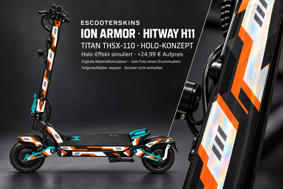 HITWAY H11 SKIN | ION ARMOR – Holo-Effekt simuliert; +24,99 EUR Aufpreis. Digitale Materialsimulation, keine physische Druckprobe. Nur Body-Skin; Scooter und Felgenaufkleber nicht enthalten.