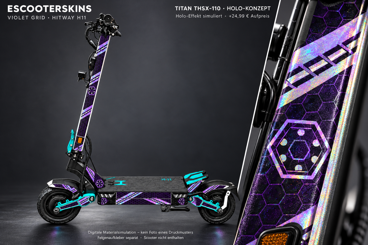 HITWAY H11 SKIN | VIOLET GRID – Holo-Effekt simuliert; +24,99 EUR Aufpreis. Digitale Materialsimulation, keine physische Druckprobe. Nur Body-Skin; Scooter und Felgenaufkleber nicht enthalten.
