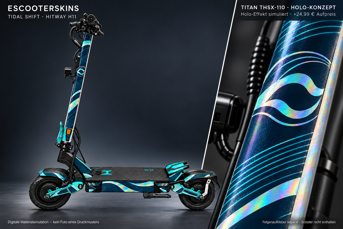 HITWAY H11 SKIN | TIDAL SHIFT – Holo-Effekt simuliert; +24,99 EUR Aufpreis. Digitale Materialsimulation, keine physische Druckprobe. Nur Body-Skin; Scooter und Felgenaufkleber nicht enthalten.