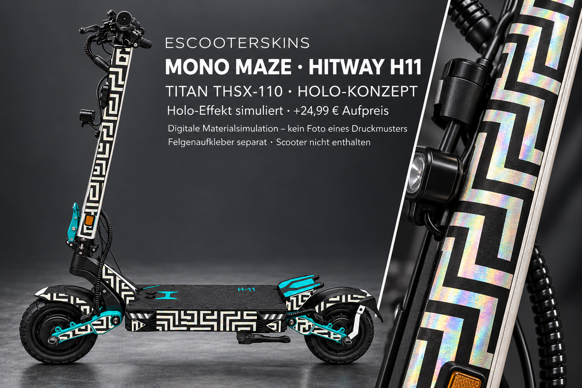 HITWAY H11 SKIN | MONO MAZE – Holo-Effekt simuliert; +24,99 EUR Aufpreis. Digitale Materialsimulation, keine physische Druckprobe. Nur Body-Skin; Scooter und Felgenaufkleber nicht enthalten.