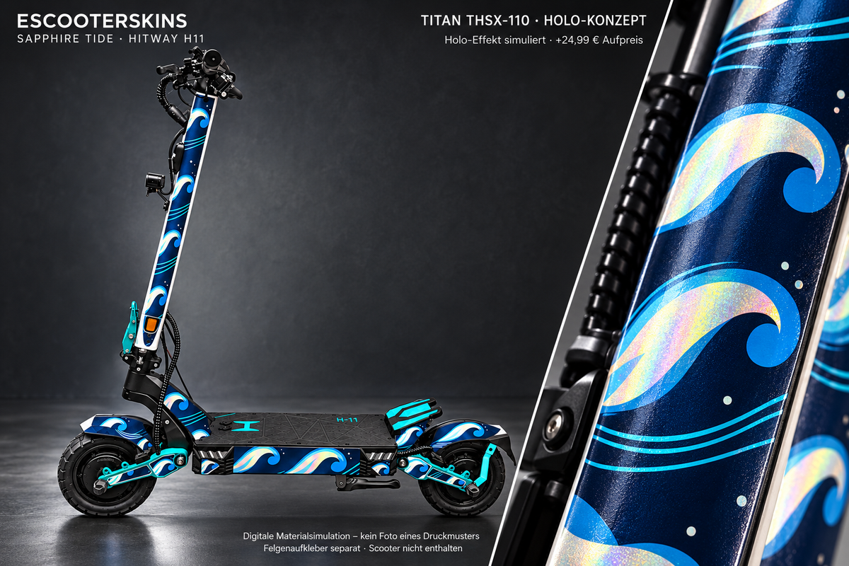 HITWAY H11 SKIN | SAPPHIRE TIDE – Holo-Effekt simuliert; +24,99 EUR Aufpreis. Digitale Materialsimulation, keine physische Druckprobe. Nur Body-Skin; Scooter und Felgenaufkleber nicht enthalten.