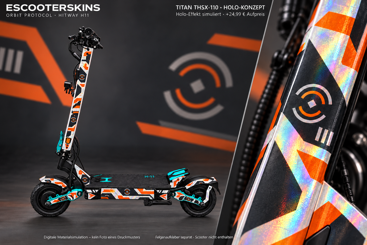 HITWAY H11 SKIN | ORBIT PROTOCOL – Holo-Effekt simuliert; +24,99 EUR Aufpreis. Digitale Materialsimulation, keine physische Druckprobe. Nur Body-Skin; Scooter und Felgenaufkleber nicht enthalten.