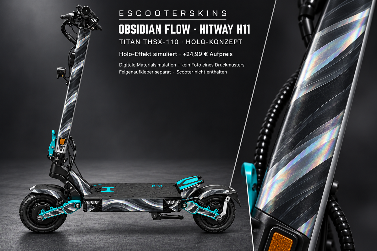 HITWAY H11 SKIN | OBSIDIAN FLOW – Holo-Effekt simuliert; +24,99 EUR Aufpreis. Digitale Materialsimulation, keine physische Druckprobe. Nur Body-Skin; Scooter und Felgenaufkleber nicht enthalten.