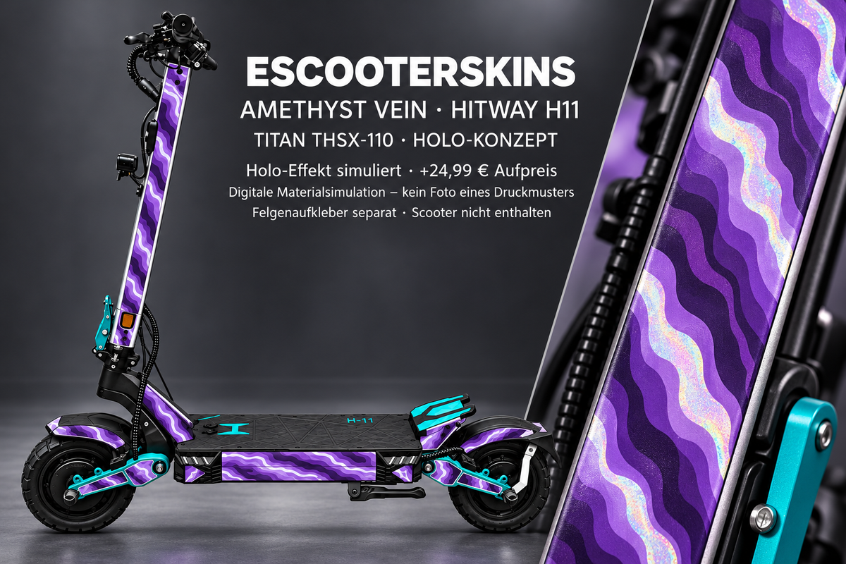 HITWAY H11 SKIN | AMETHYST VEIN – Holo-Effekt simuliert; +24,99 EUR Aufpreis. Digitale Materialsimulation, keine physische Druckprobe. Nur Body-Skin; Scooter und Felgenaufkleber nicht enthalten.
