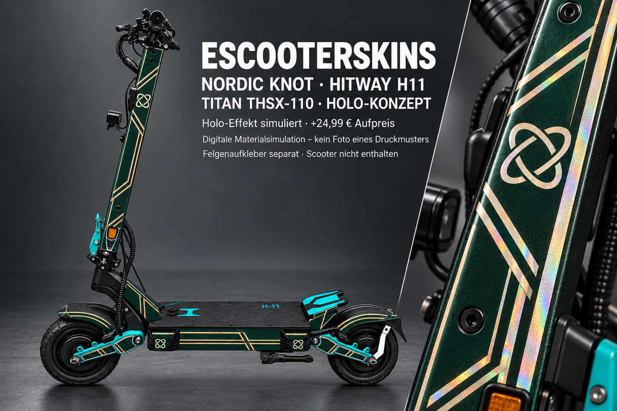 HITWAY H11 SKIN | NORDIC KNOT – Holo-Effekt simuliert; +24,99 EUR Aufpreis. Digitale Materialsimulation, keine physische Druckprobe. Nur Body-Skin; Scooter und Felgenaufkleber nicht enthalten.