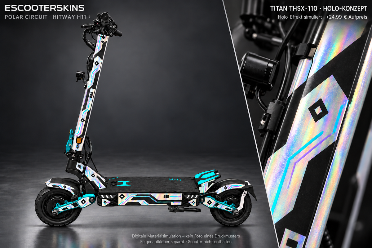 HITWAY H11 SKIN | POLAR CIRCUIT – Holo-Effekt simuliert; +24,99 EUR Aufpreis. Digitale Materialsimulation, keine physische Druckprobe. Nur Body-Skin; Scooter und Felgenaufkleber nicht enthalten.