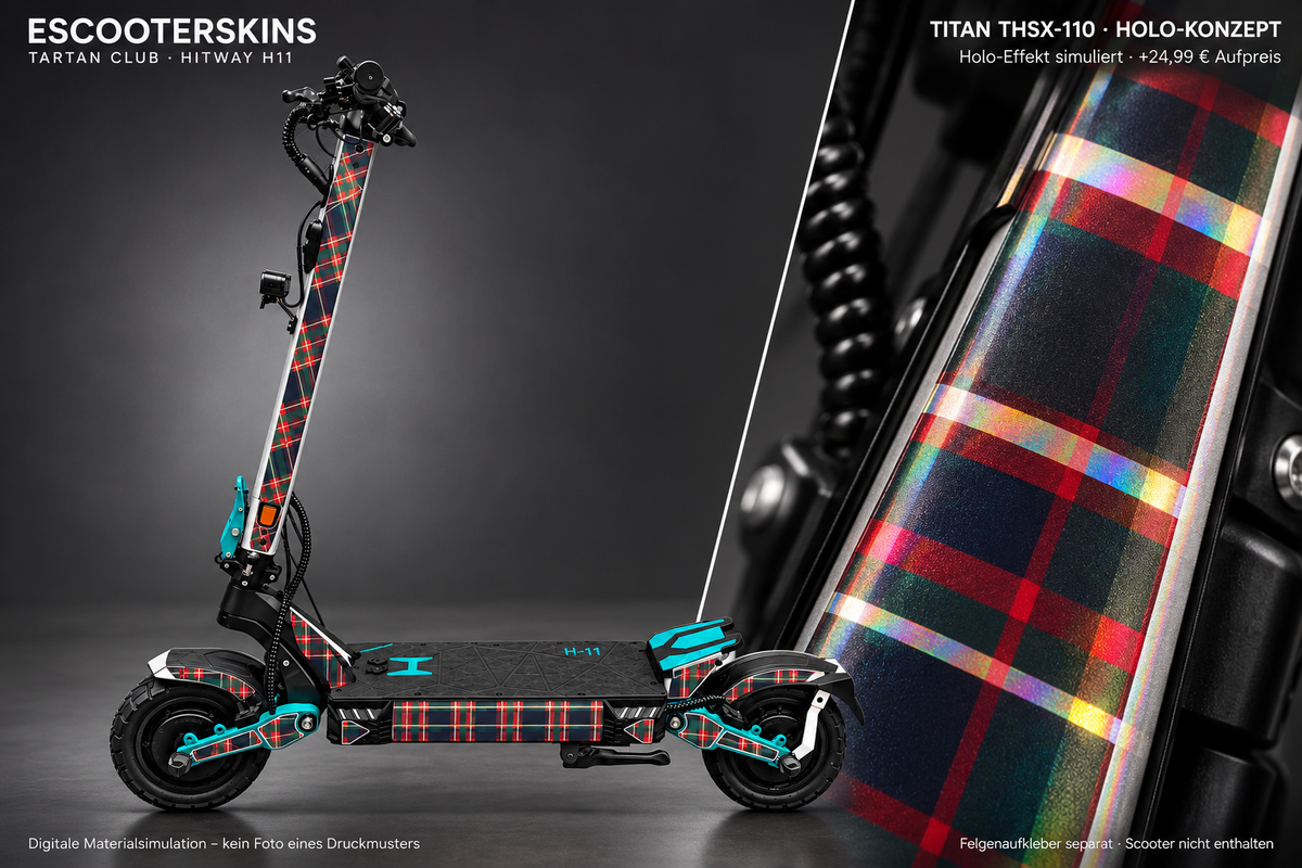 HITWAY H11 SKIN | TARTAN CLUB – Holo-Effekt simuliert; +24,99 EUR Aufpreis. Digitale Materialsimulation, keine physische Druckprobe. Nur Body-Skin; Scooter und Felgenaufkleber nicht enthalten.
