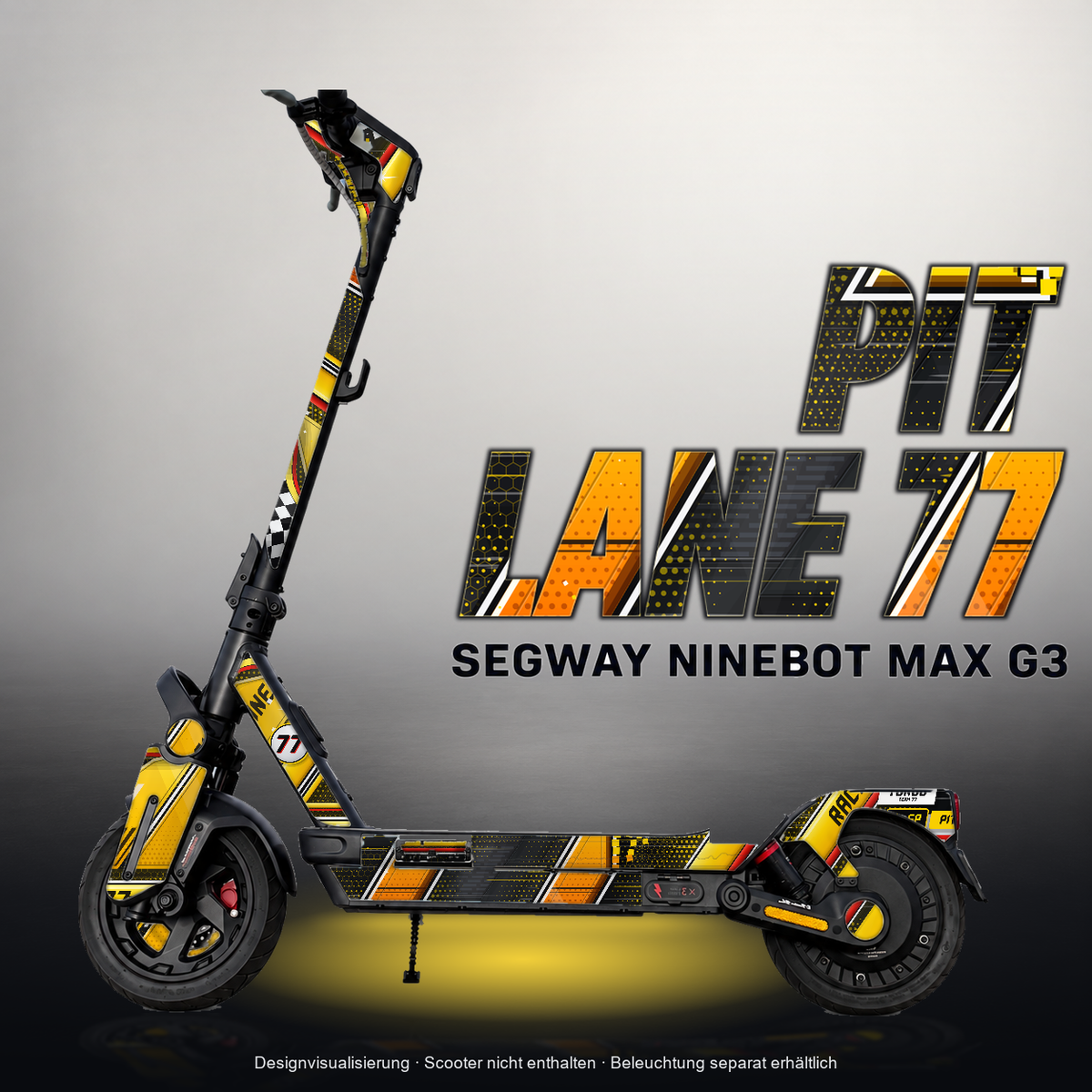 SEGWAY NINEBOT G3 / G3 D / G3 E SKIN | PIT LANE 77 – Designvisualisierung mit Licht in der Skinfarbe; Scooter nicht enthalten, Beleuchtung separat erhältlich