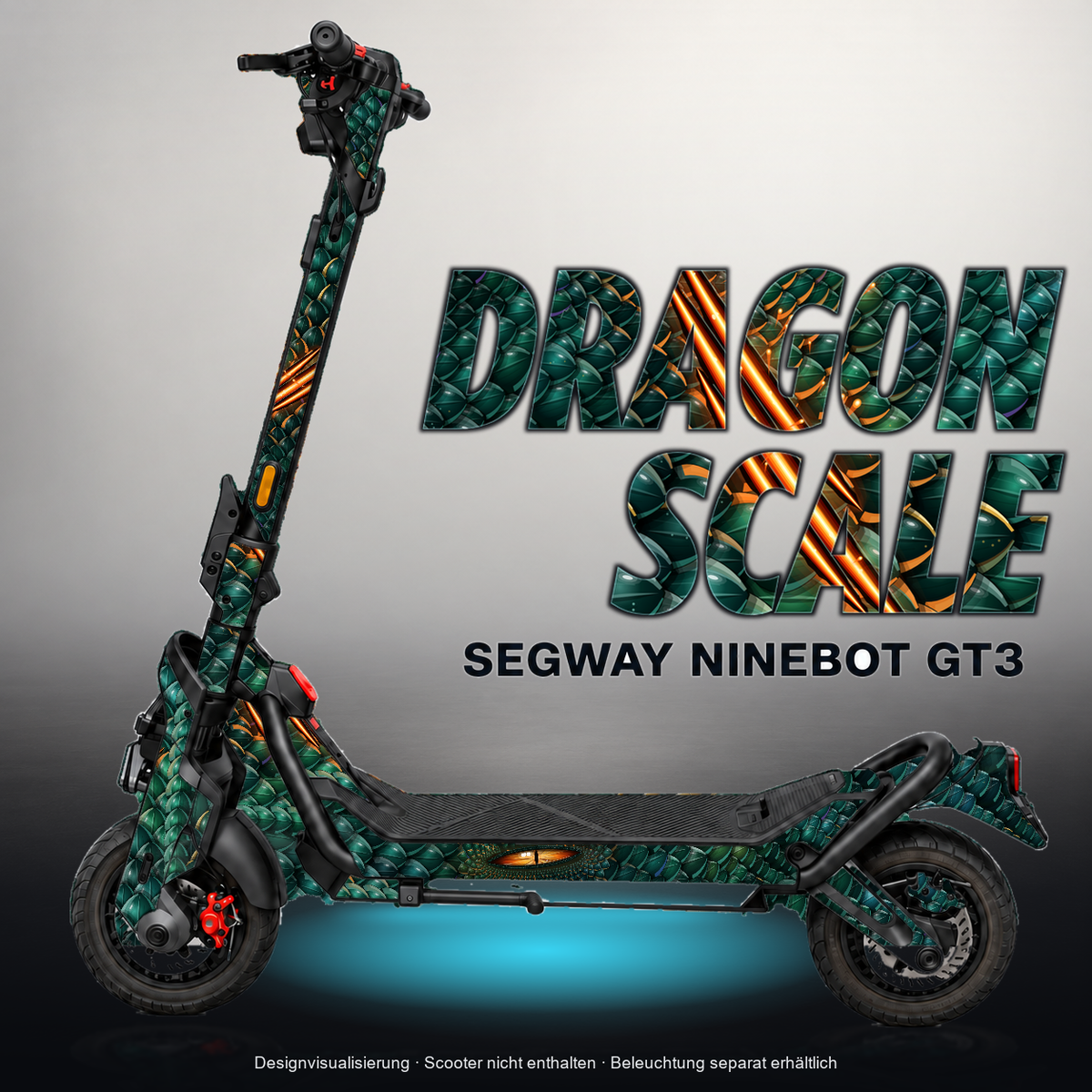 SEGWAY NINEBOT GT3 SKIN | DRAGON SCALE – Designvisualisierung mit Licht in der Skinfarbe; Scooter nicht enthalten, Beleuchtung separat erhältlich