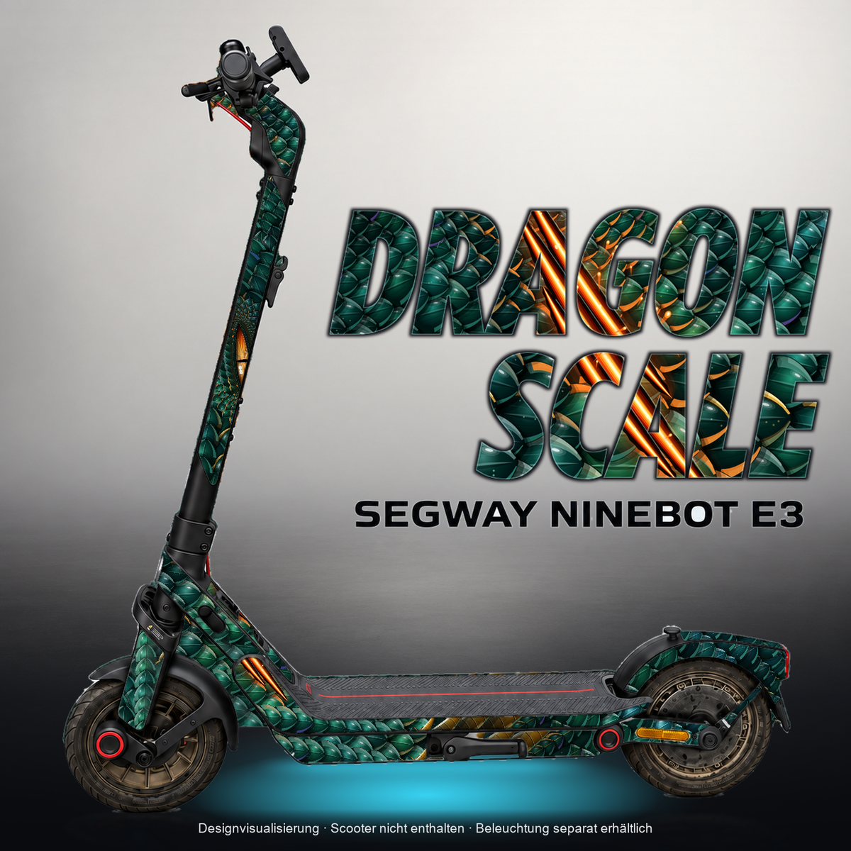 SEGWAY NINEBOT E3 / E3 PRO SKIN | DRAGON SCALE – Designvisualisierung mit Licht in der Skinfarbe; Scooter nicht enthalten, Beleuchtung separat erhältlich