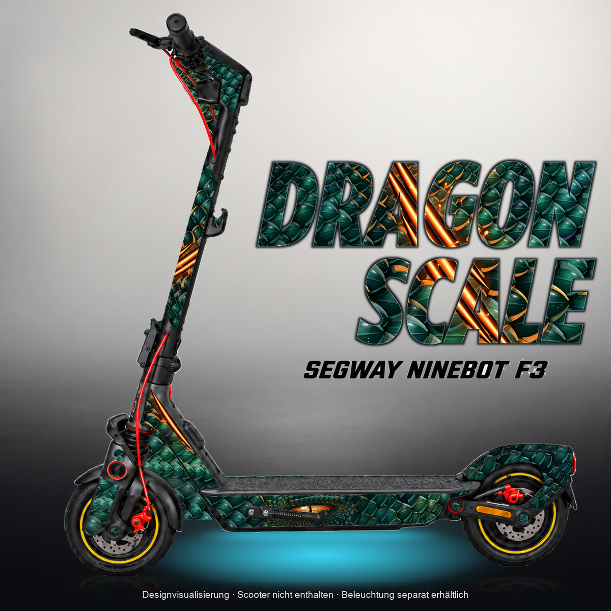 SEGWAY NINEBOT F3 / F3 PRO SKIN | DRAGON SCALE – Designvisualisierung mit Licht in der Skinfarbe; Scooter nicht enthalten, Beleuchtung separat erhältlich