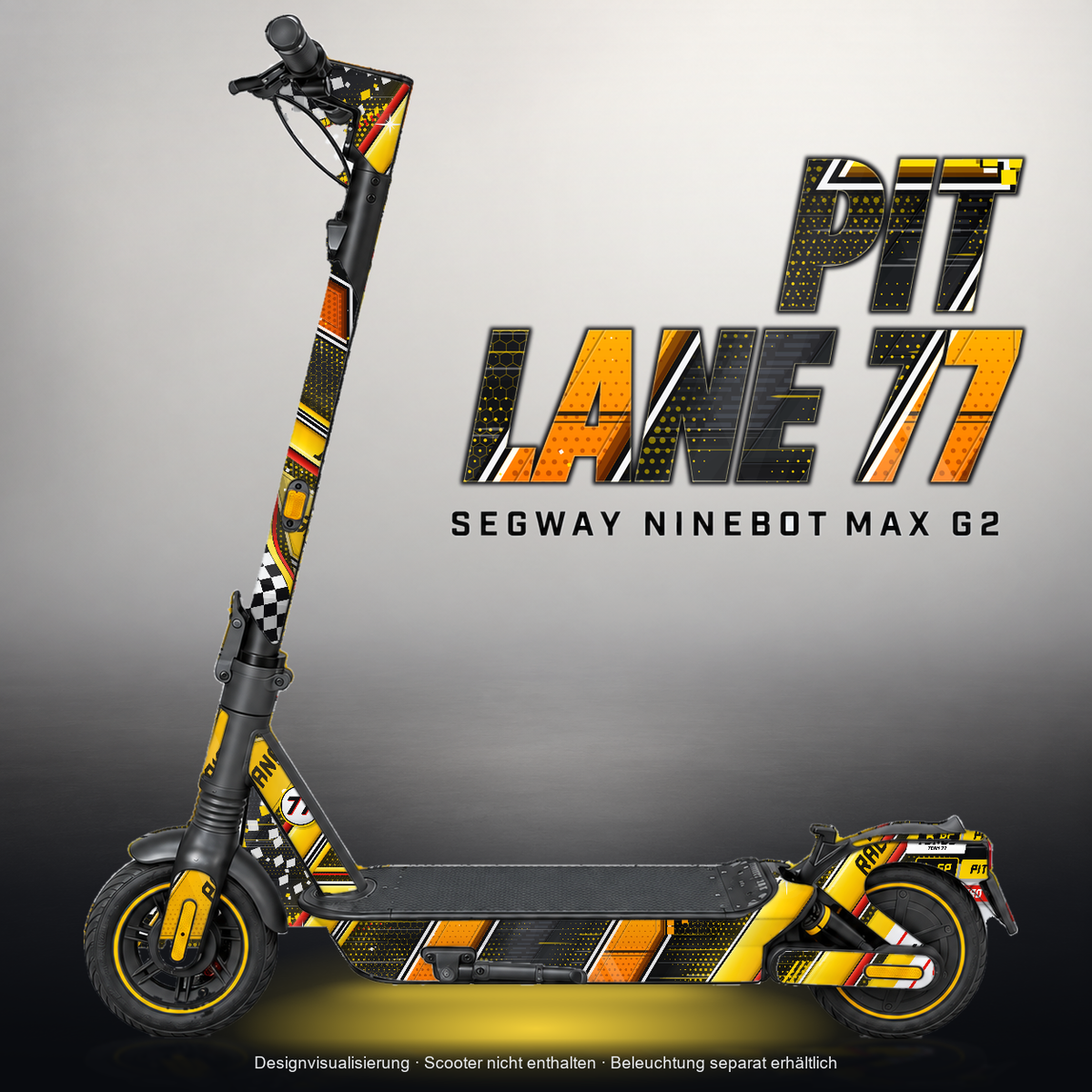 SEGWAY NINEBOT G2 MAX SKIN | PIT LANE 77 – Designvisualisierung mit Licht in der Skinfarbe; Scooter nicht enthalten, Beleuchtung separat erhältlich